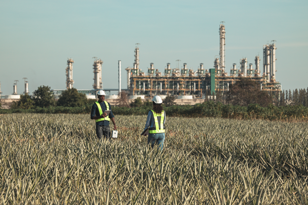 Two men waking in a crop field infront of a factory