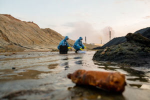 Two ecologists in rubber gloves, protective coveralls, eyeglasses and respirators studying characteristics of toxic water in dangerous area