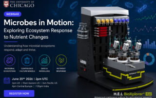 Webinar graphic for Microbes in Motion showing the H.E.L BioXplorer 400 continuous culture bioreactor, with text highlighting microbial ecosystems, continuous culture models, data modelling and nutrient response.with the University Of Chicago