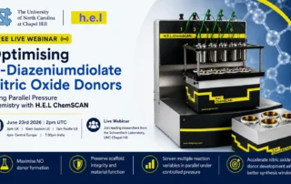 Free Promotional webinar graphic for H.E.L and the University of North Carolina at Chapel Hill, showing the H.E.L ChemSCAN system beside the title “Optimising N-Diazeniumdiolate Nitric Oxide Donors Using Parallel Pressure Chemistry with H.E.L ChemSCAN,” with event details for June 23rd 2026 at 2pm UTC.