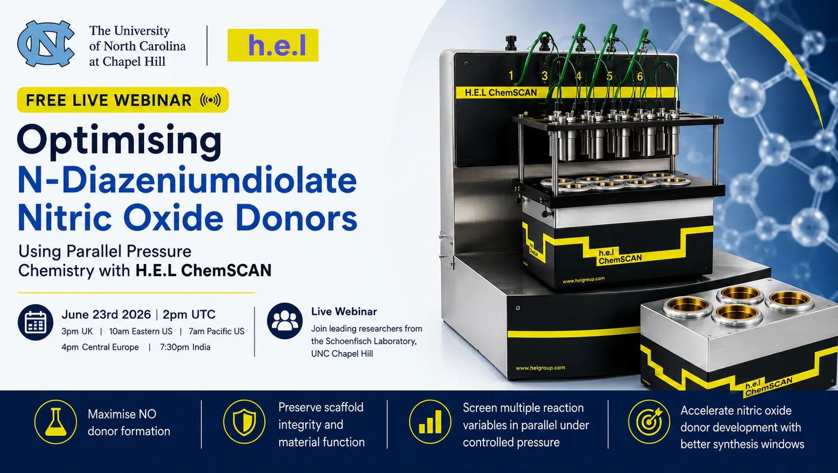 Free Promotional webinar graphic for H.E.L and the University of North Carolina at Chapel Hill, showing the H.E.L ChemSCAN system beside the title “Optimising N-Diazeniumdiolate Nitric Oxide Donors Using Parallel Pressure Chemistry with H.E.L ChemSCAN,” with event details for June 23rd 2026 at 2pm UTC.