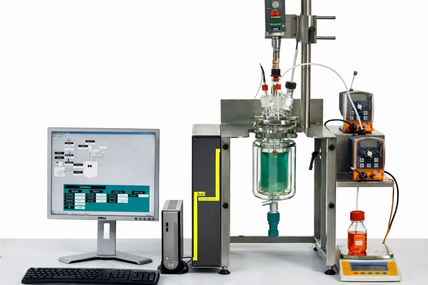 Bench-top AutoLAB jacketed glass reactor with automated dosing pumps and PC control