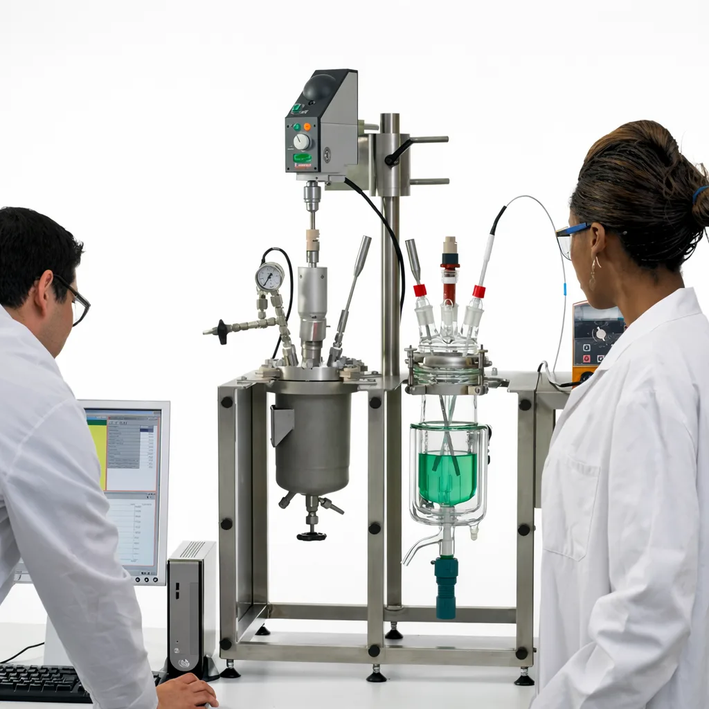 Two chemists working at a dual AutoLAB reactor stand switching between low and high pressure