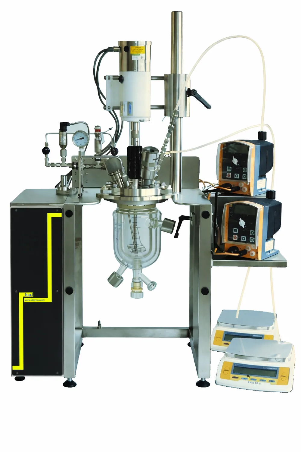AutoLAB jacketed glass reactor with twin dosing pumps and balance
