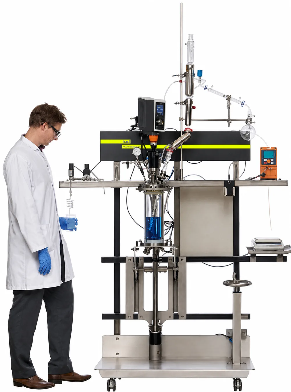 Chemist at a 20 litre floor-standing AutoLAB pilot reactor with distillation