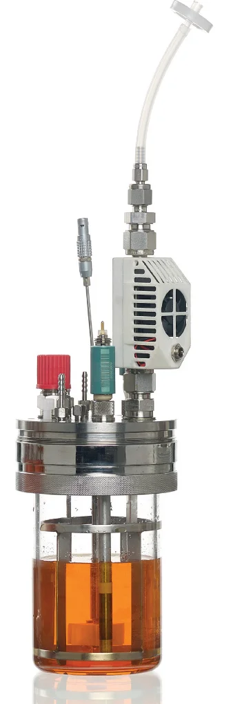Glass bioreactor with liquid feeds and monitoring
