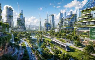 A green city skyline representing a low-carbon industrial future