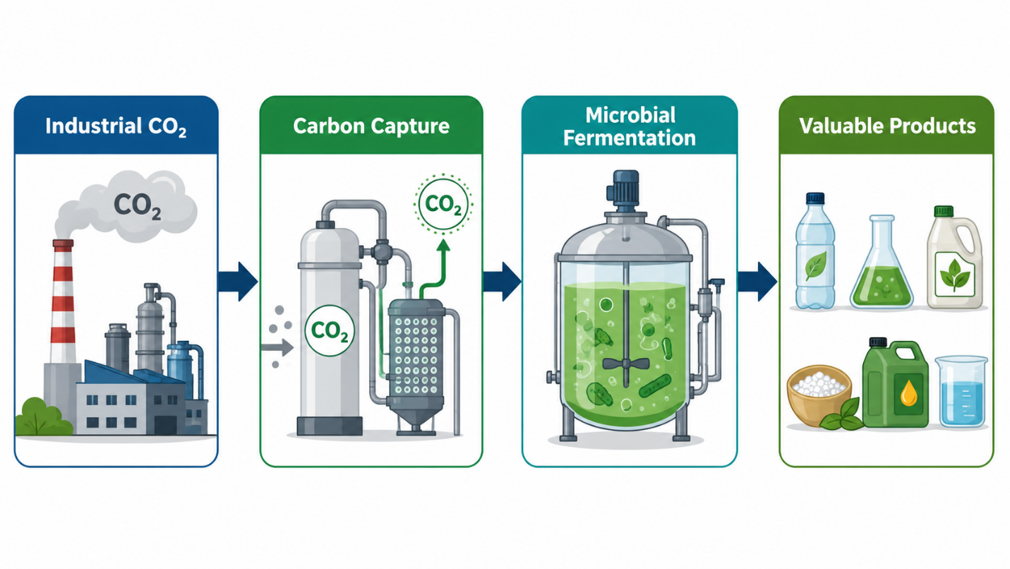 Diagram showing industrial CO2 captured, fed to microbial fermentation and converted into valuable products