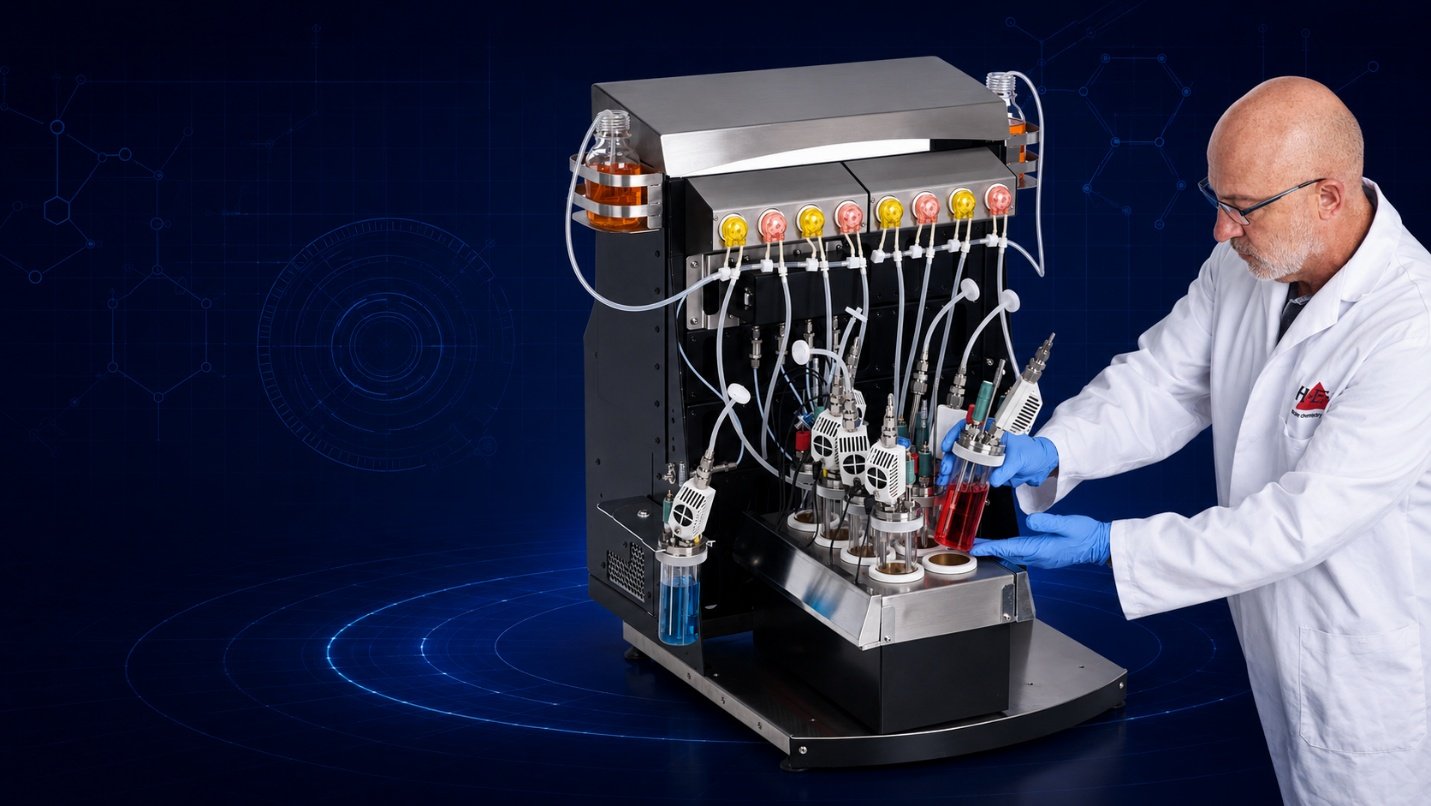 Scientist loading a reactor vessel into an H.E.L BioXplorer 100 parallel bioreactor system