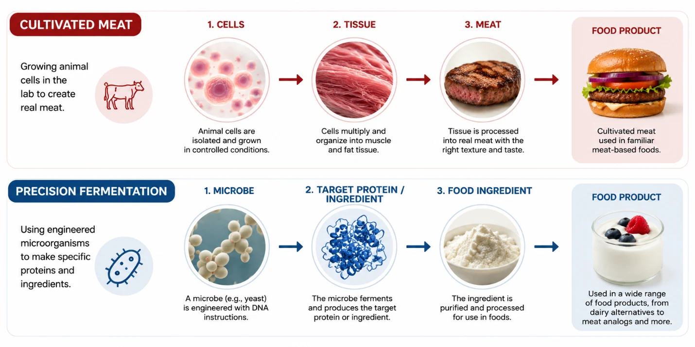 Infographic comparing cultivated meat (cells to tissue to meat) with precision fermentation (engineered microbe to target protein to food ingredient)