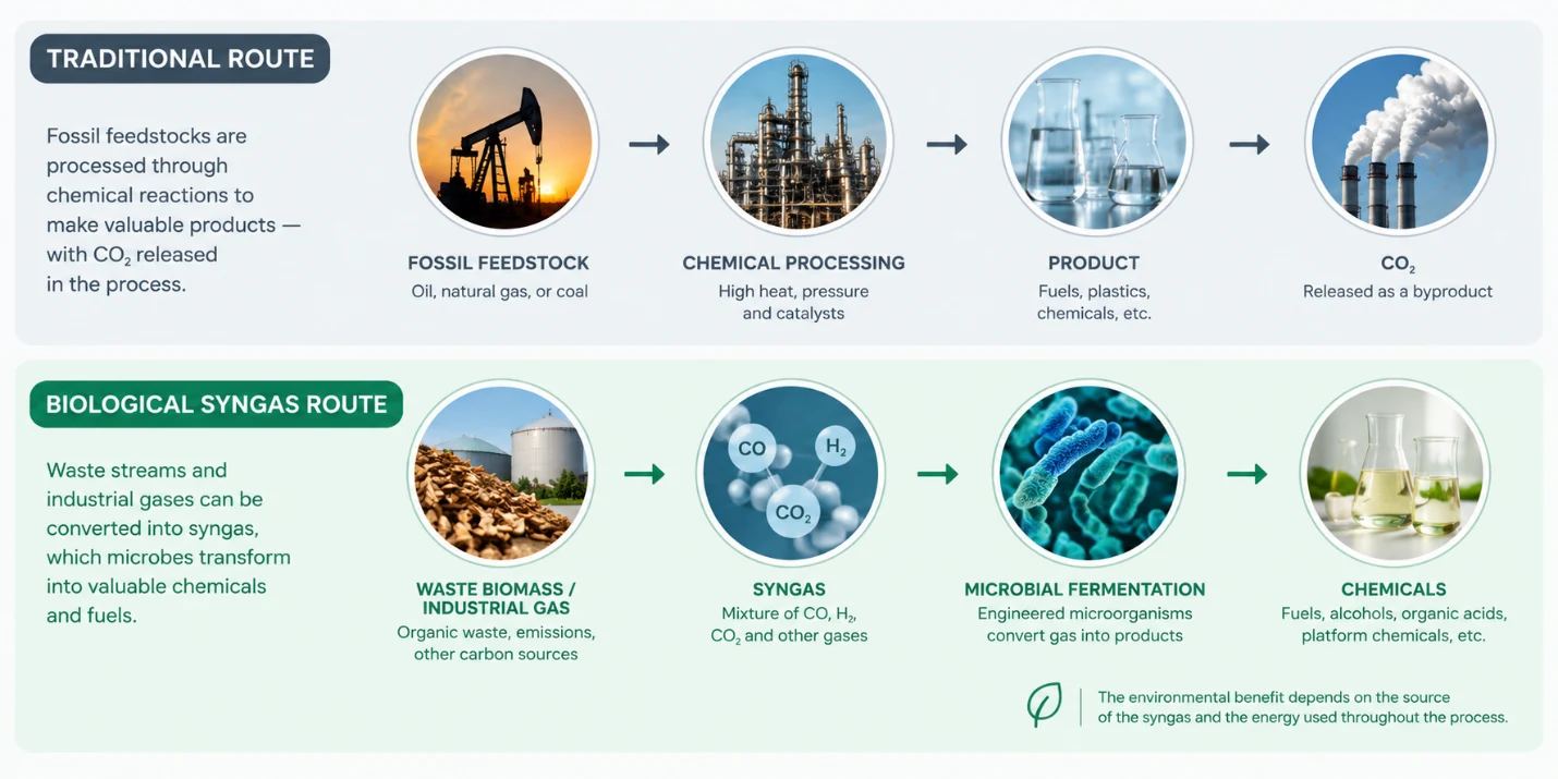 Infographic comparing the traditional fossil feedstock route to chemicals with the biological syngas route via microbial fermentation