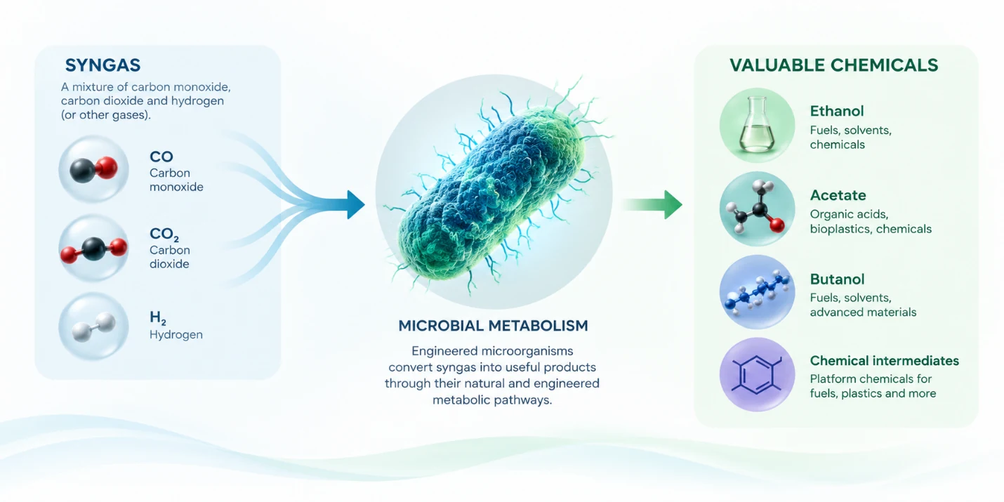 Infographic showing syngas (CO, CO2 and H2) converted by microbial metabolism into ethanol, acetate, butanol and chemical intermediates